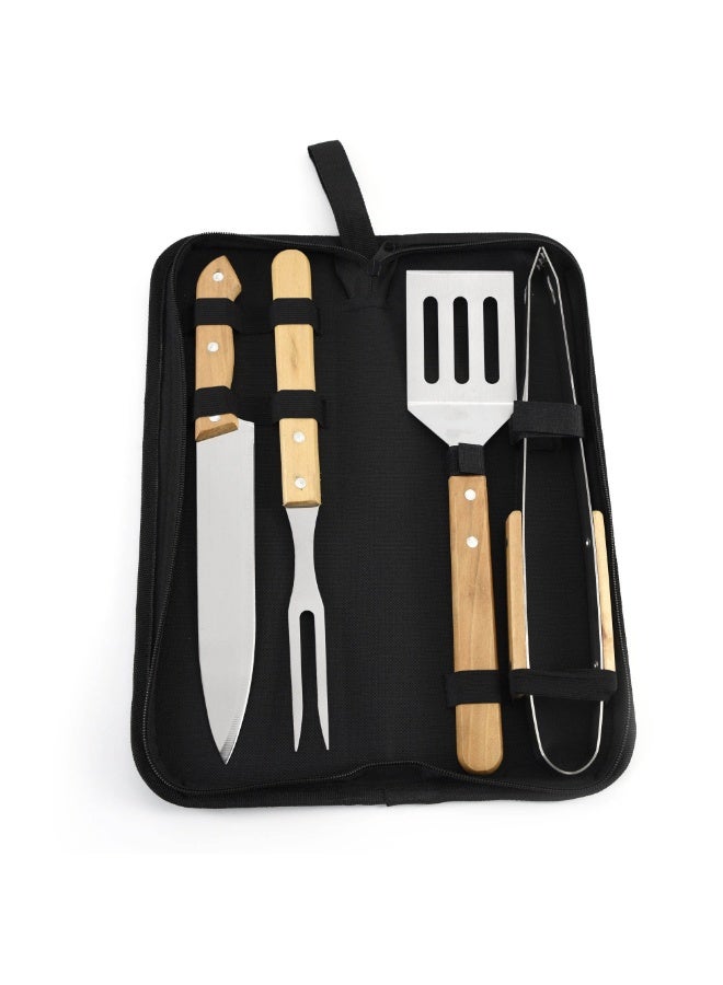 4-Piece Wooden Handle BBQ Tool Set – Stainless Steel Utensils with Classic Wood Grips & Black Carry Case, Essential Grilling Kit - Image 2